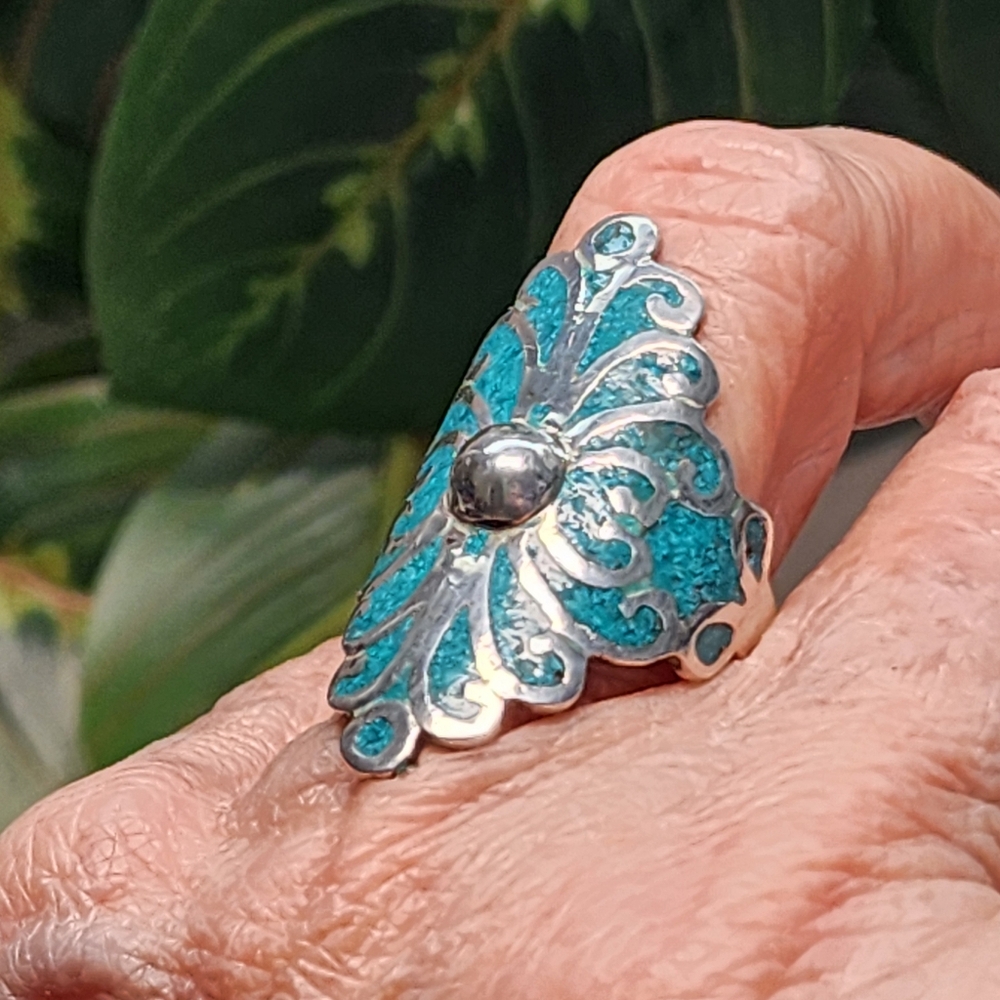 Taxco Sterling Silver & Turquoise Ring Size 7 - Picture 8 of 12